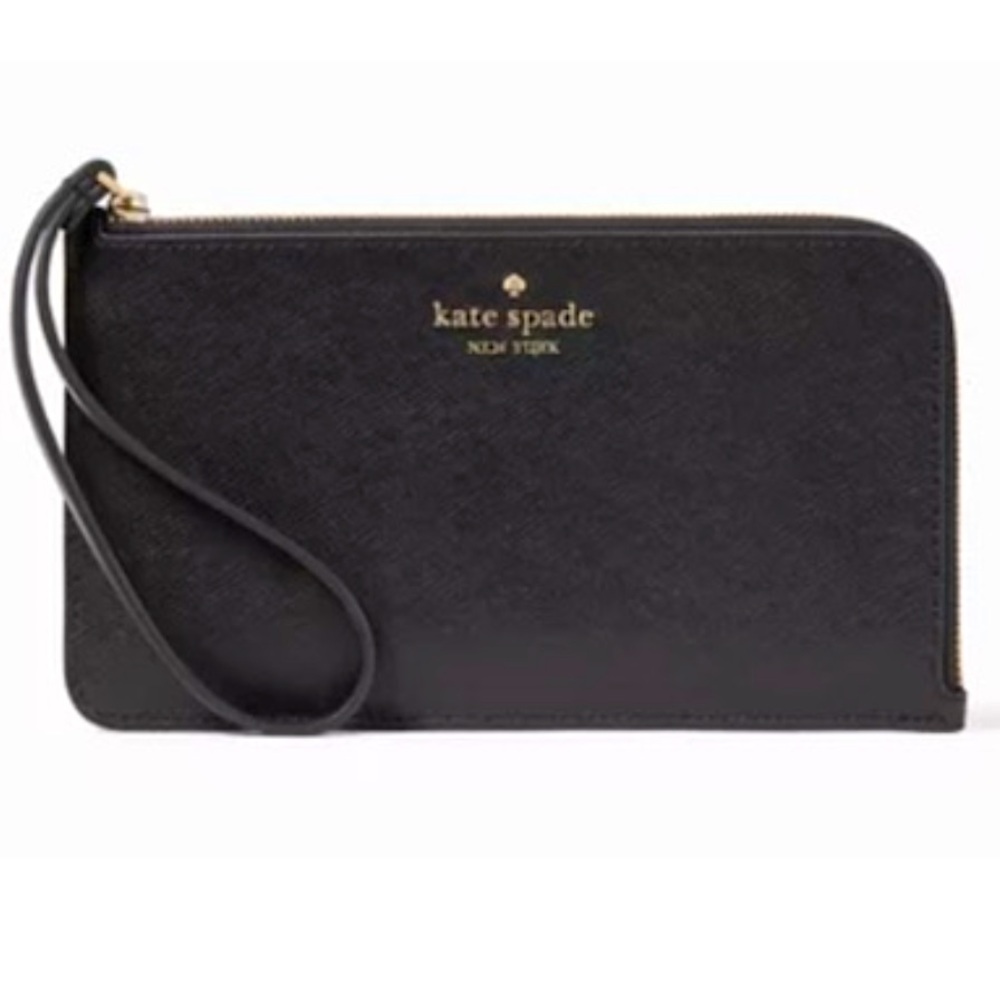 New Kate Spade Lucy Black Textured Leather Zip-Around Wallet Gold Brass Logo